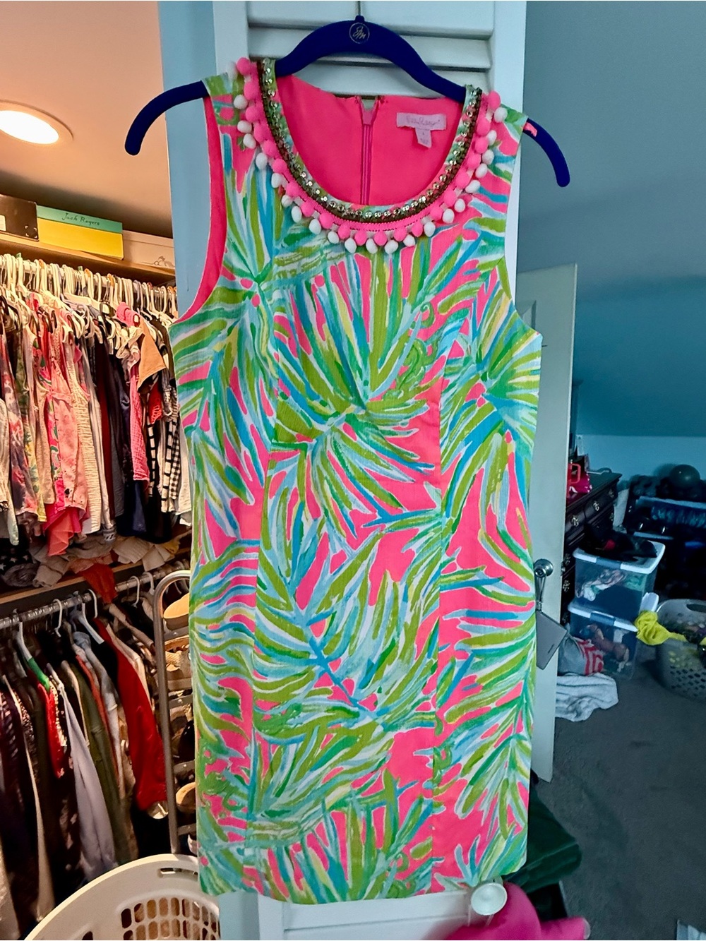 Lilly Pulitzer Neon Pink Palm-Print Embellished Shift Dress